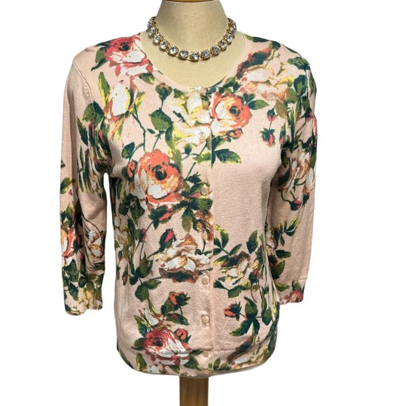 GNW Floral Cardigan Size Large Button Down Pale Pink Very Pretty Rayon - Picture 4 of 13